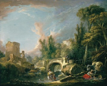 François Boucher œuvres - Rivière Paysage avec ruine et pont François Boucher